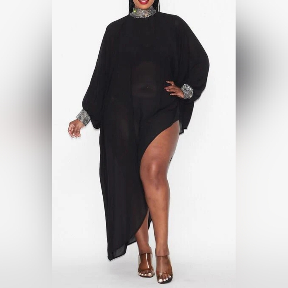 Studded Affair Black Asymmetrical Sheer Top  New